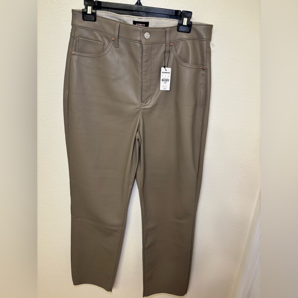 Express Women's Taupe Faux Leather Straight Leg Pants - Picture 2 of 8